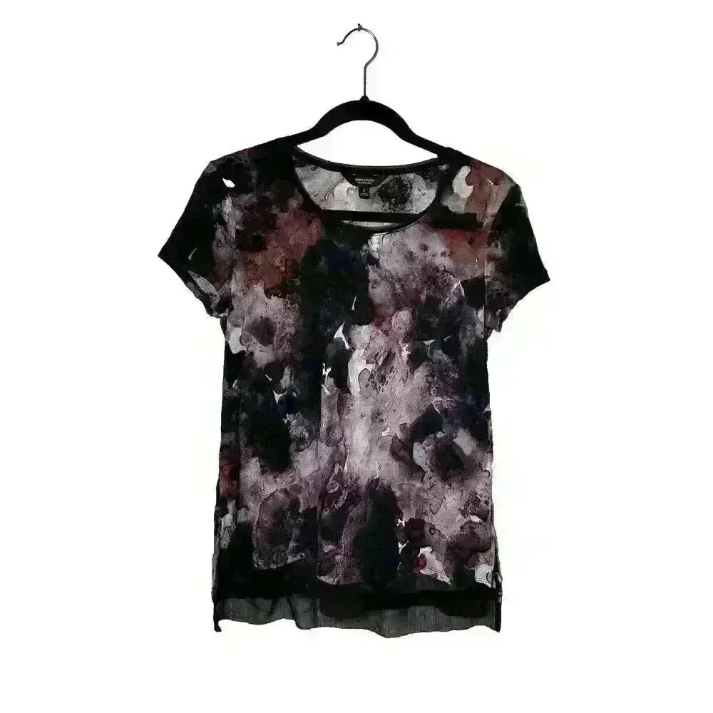Simply Vera Vera Wang Womens SM Short Sleeve Purple Black Sheer Hem Tunic Top
